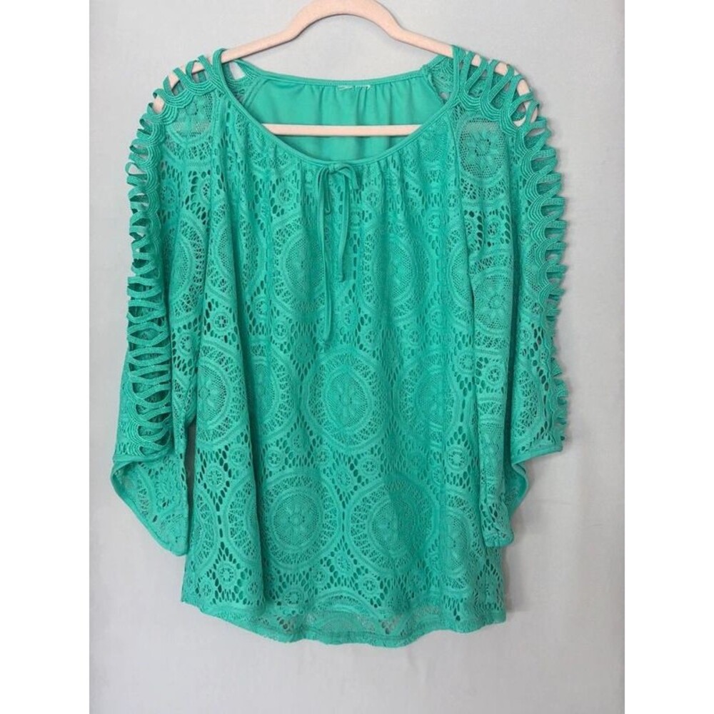 Tacera seafoam green crochet lace top, cutout bell sleeves, boho tunic